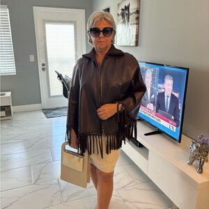 Fringed Leather Jacket in Brown